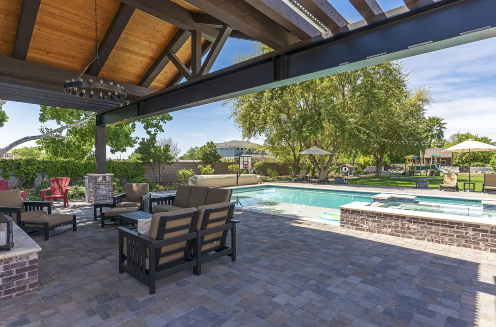 Tables and chairs with pool view